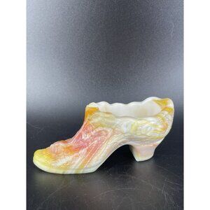 Fenton Orange Yellow Slag Glass Shoe Slipper Figurine Cadmium Glow